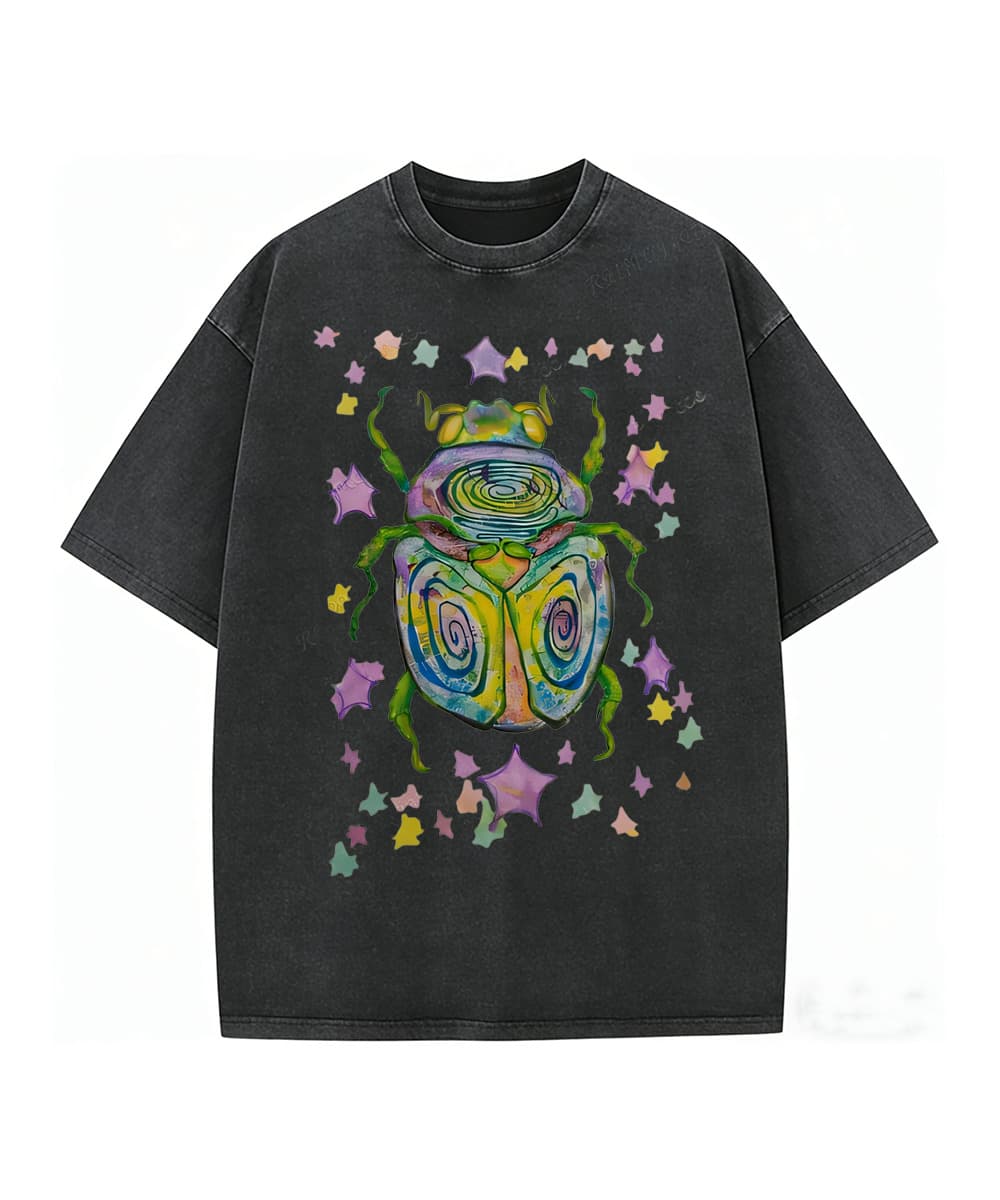 CottonWashable T-Shirt-Colorful Beetle Party Printed T-Shirt,Perfect For Everyday Wear,Gifts For Father'S Day-Summer Tops-New Summer Outfits For Women - 黑色 - 查看 1