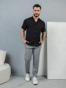 Men's Short Sleeve Shirt With Priest Collar Elegant Casual Party Work - 深灰色 - 查看 4