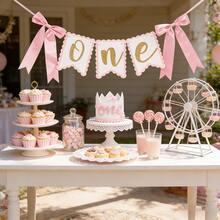 2 Stücke Rosa & Gold Schleife 1. Geburtstags Dekorations Set (2 Artikel) - Hochstuhl Banner + Geburtstagskrone, geeignet für 1 Jahr alte Geburtstage, Prinzessin Themen Party, Taufe und Foto Booth Hintergrund - Übersicht 6