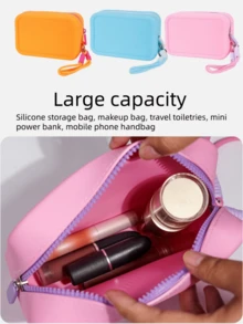 Dopamine Inspired Waterproof Silicone Cosmetic Bag, Hard Shell Structured Storage Pouch With Hanging Strap, Large Capacity Travel Toiletry Organizer For Makeup Brushes, Lipsticks, Suitable For Bathroom, Beach, Christmas, Valentine's Day, Birthday Gift - Multicolor - View 3