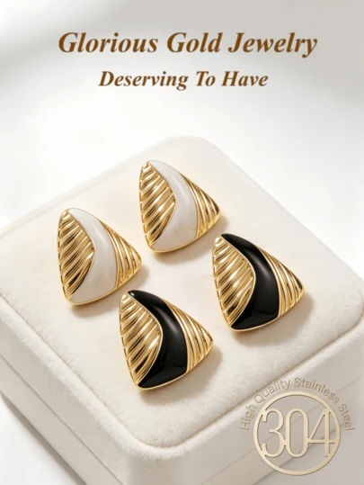 White And Black Enamel Triangular Stainless Steel Oil-Drop Earrings, With Unique Shapes And Diverse Styles, Suitable For Women To Wear, As A Precious Gold Accessory That Adds Charm To Women, Women's Jewelry, Exquisite Jewelry, Beach Accessories.
