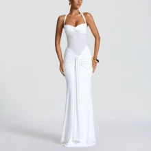 Spaghetti Strap Backless Mesh High Slit Fishtail Slip Dress, 100% Cotton Elegant Prom Dress For Summer Party Vacation - 白色 - 查看 6