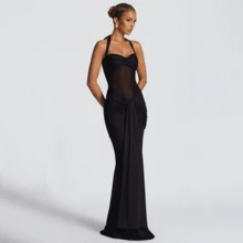 Spaghetti Strap Backless Mesh High Slit Fishtail Slip Dress, 100% Cotton Elegant Prom Dress For Summer Party Vacation - 黑色 - 查看 5