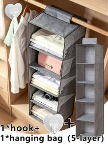 Foldable Hanging Wardrobe Storage Rack - Space-Saving Bedroom Storage Solution For Closets, Wardrobes And Cabinets, With Multi-Layer Non-Woven Hanging Bags With Drawers For Storing Shoes, Clothes And Kitchen Items, Gray Linen Pattern Home Decor, Room Decor And Autumn Decor, Multipurpose Hanging Organizer - Grey - View 18