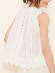 Women Eyelet Tank Tops Loose Lace Trim Round Neck Sleeveless Button-Up Vest Causal  Button Down Front Tie Lace Babydoll Tops Flowy Crop Top Beach Vacation Tops Cardigan Crop Top Summer Streetwear - trắng - Xem 2