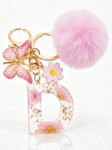 1pc Dried Flower Resin English Letter Keychain, Fashion Women Keychain With Butterfly Tassel Plush Ball Decor, Gift For Mom And Best Friend - Baby Pink - View 29