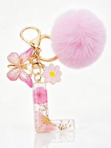 1pc Dried Flower Resin English Letter Keychain, Fashion Women Keychain With Butterfly Tassel Plush Ball Decor, Gift For Mom And Best Friend - Baby Pink - View 30