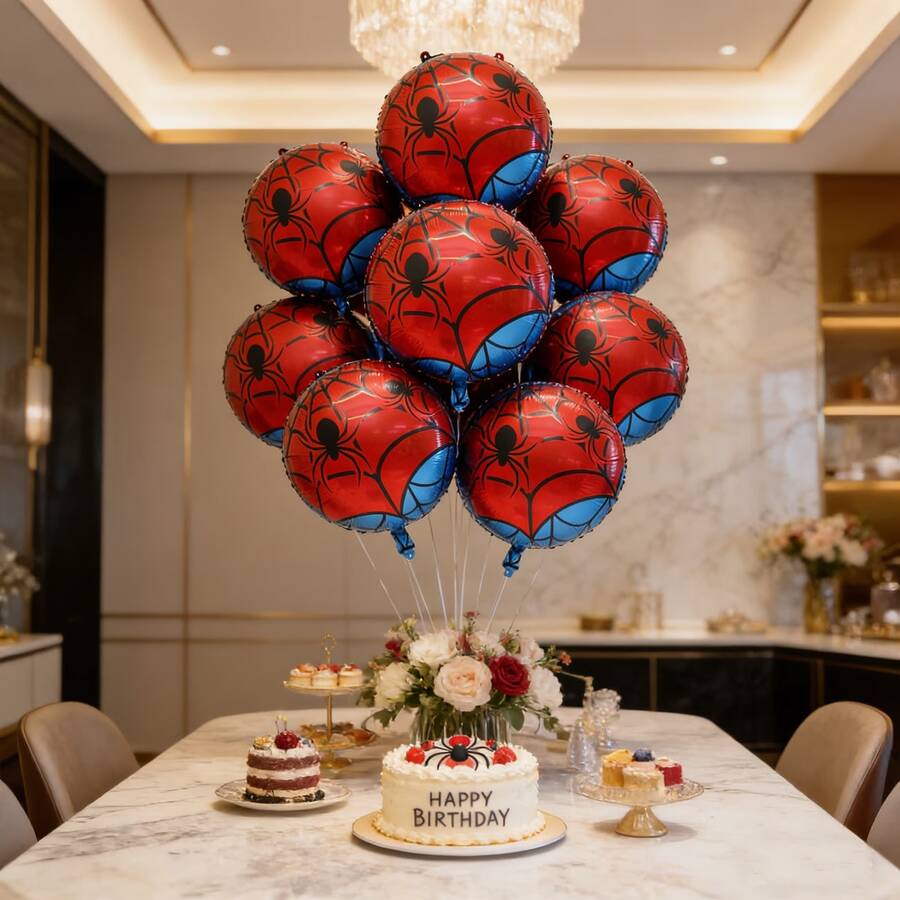 5pcs 18-Inch Red & Blue Plaid Round Foil Balloons, Spider Theme For Birthday, Wedding, Party, Gift - View 1