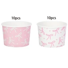 10 piezas/20 piezas/40 piezas Tazones de papel para helado con patrón de moño y estrella en rosa y blanco, diámetro superior de 3,5", diámetro inferior de 2,95", altura de 2,4", adecuado para helado, sundae, yogur, palomitas de maíz, fiesta de cumpleaños, boda y festividades para hombres y mujeres - lazo rosa y blanco - Ver 9