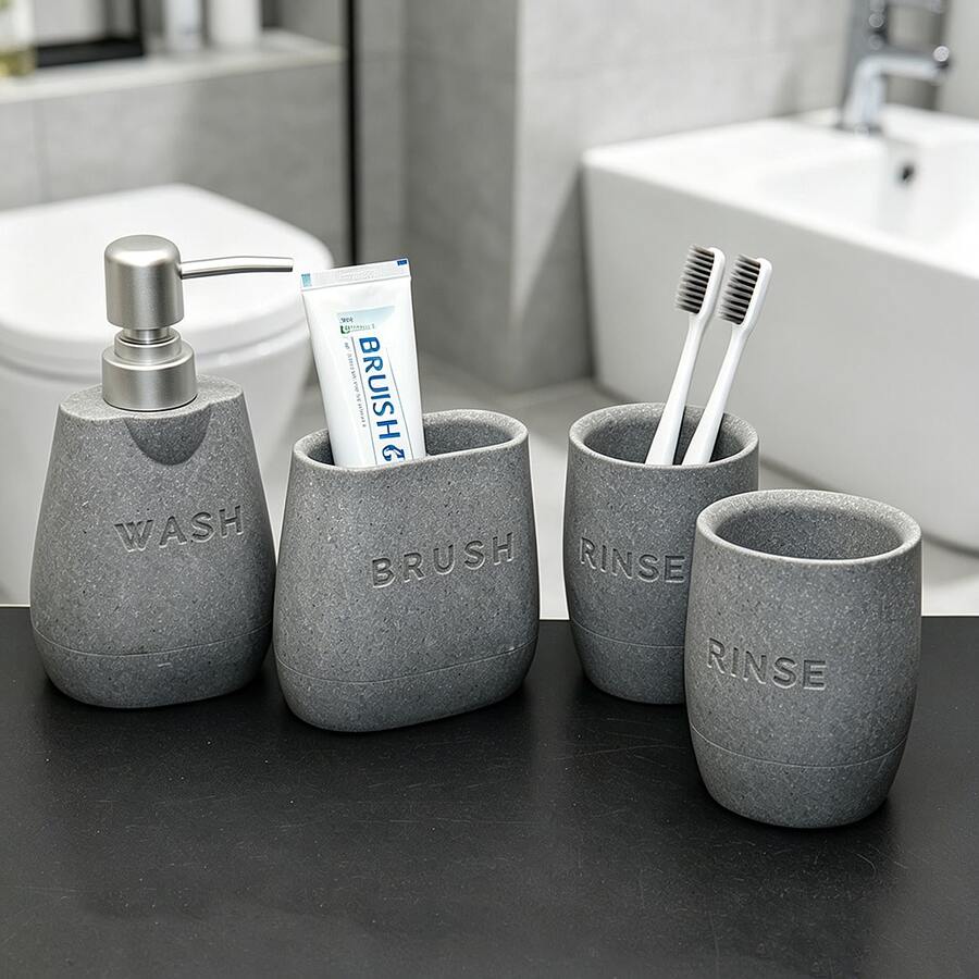 Juego de accesorios de baño de estilo vintage country de resina, que incluye portacepillos de dientes, dispensador de jabón, vaso de enjuague y decoración para el tocador del baño - Gris - Ver 1
