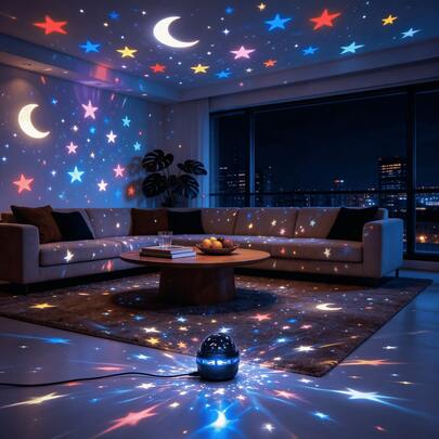 1个LED投影夜灯，360°旋转星月投影灯，动态柔和LED光效，适用于儿童卧室、婴儿房、游戏室，家居美学装饰