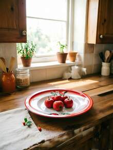 1pc/4pcs Classic Retro Iron Round Plate With Chicken Print, Thick Multi-Functional Fruit Plate Suitable For Home Dining, Easy To Clean And Stack, Durable - White - View 6