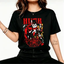100% Premium Cotton, Loose-Fitting T-Shirt With Round Neck And Short Sleeves, Hazbins Hotel Husk Husker Cat Demon Poker Card Heart Graphic Print, Hellaverse Animated Series, Retro Cartoon Streetwear, Oversized Unisex Fan Merch. - 黑色 - 查看 1