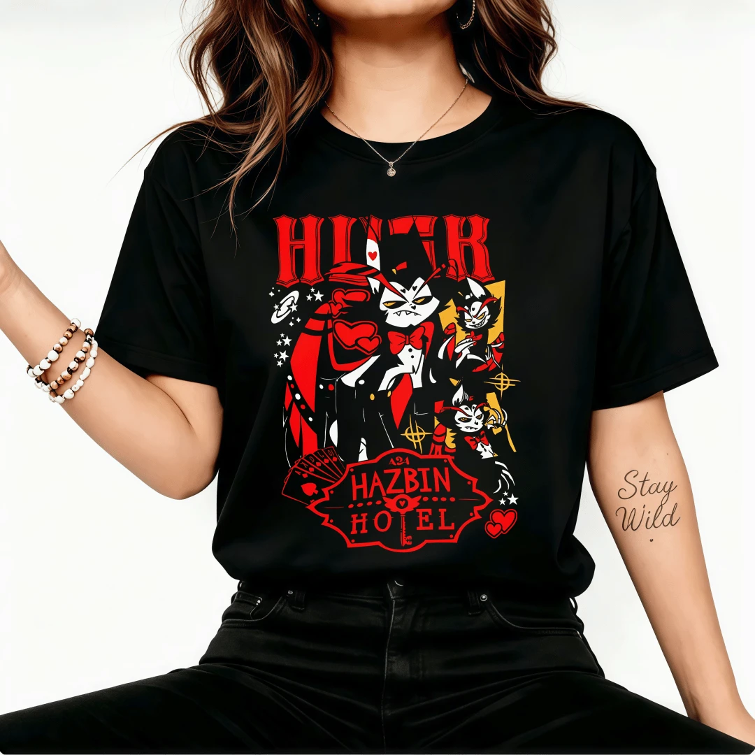 100% Premium Cotton, Loose-Fitting T-Shirt With Round Neck And Short Sleeves, Hazbins Hotel Husk Husker Cat Demon Poker Card Heart Graphic Print, Hellaverse Animated Series, Retro Cartoon Streetwear, Oversized Unisex Fan Merch. - 黑色 - 查看 1