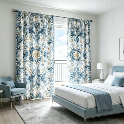 2pcs Set, Blue, White And Gold, Baroque Style Damask Floral Pattern, European Luxury Style, Flat Print Curtain, 100% Polyester Fabric, Rod Pocket Flat Print 2 Pieces Curtain Set, Unlined, 90g/Sqm, Width 180cm, Suitable For Bedroom, Living Room, Dining Room, Bathroom And Outdoor Windows