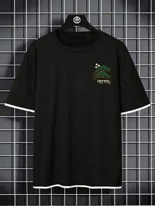 Zrgoth 男士夏季經典 2 合 1 圓領短袖抽繩 T-Shirt，休閒時尚鶴圖案極簡百搭款 - 黑色 - 查看 5