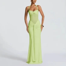 Spaghetti Strap Backless Mesh High Slit Fishtail Slip Dress, 100% Cotton Elegant Prom Dress For Summer Party Vacation - 淺綠色 - 查看 6