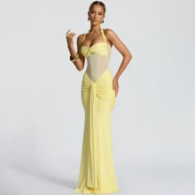 Spaghetti Strap Backless Waist Cinched High Slit Dress, Mesh Patchwork Vacation Party Dress Women's Fishtail Slip Dress Elegant Long Prom Dress Spring & Summer100% Cotton - 紅色 - 查看 3