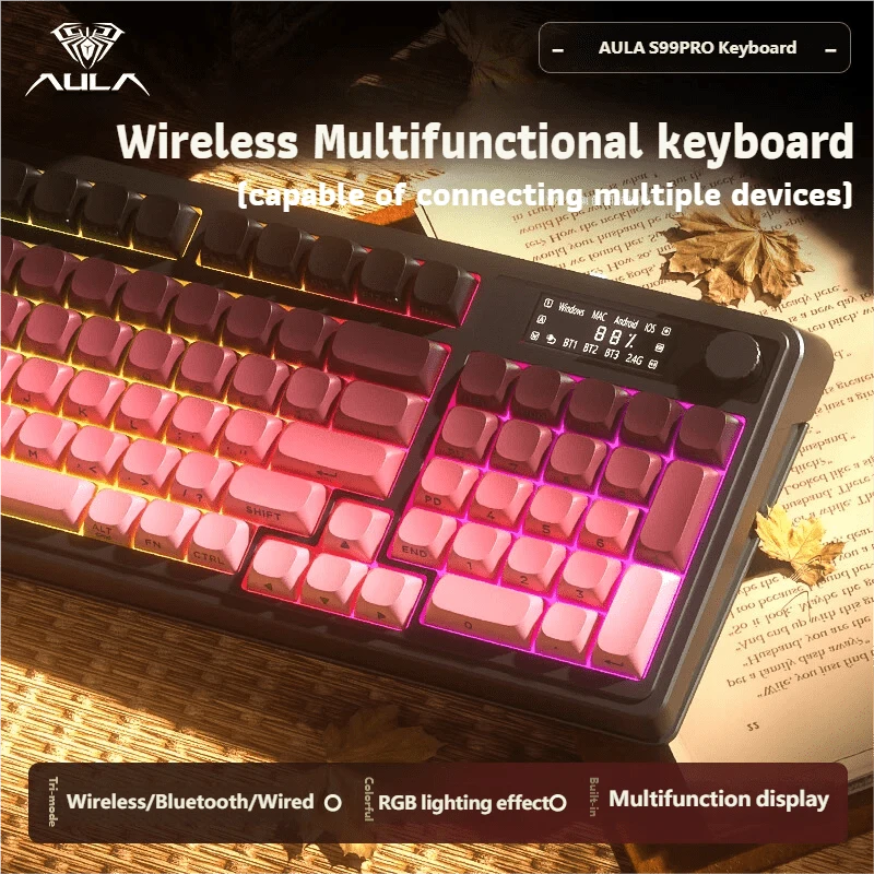 AULA S99Pro Bluetooth Wireless Keyboard Rechargeable Gaming Keyboard With Display Screen & Function Keys Ergonomic For PC Laptop Office Game Original AULA Keyboard - View 1