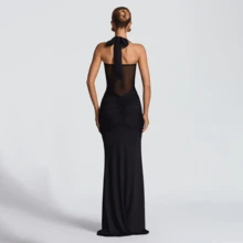 Spaghetti Strap Backless Mesh High Slit Fishtail Slip Dress, 100% Cotton Elegant Prom Dress For Summer Party Vacation - 黑色 - 查看 2