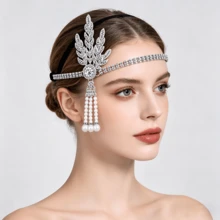 1件 D EXCEED 1920年代風格 Flapper Girl 葉片水鑽髮箍 新娘婚禮頭飾 女款髮鏈 - 彩色 - 查看 5