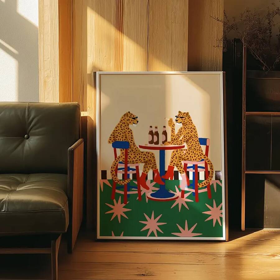 Set Of 1 Funky Leopards Drinking Beer Canvas Wall Art | Mid Century Retro Pop Print For Bar Kitchen Living Room,Frameless/Framed - A - View 1
