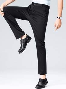 Pantalones de vestir clásicos para hombres, pantalones casuales de negocios de unicolor y elásticos, de estilo elegante y lujoso para primavera/verano - Negro - Ver 5
