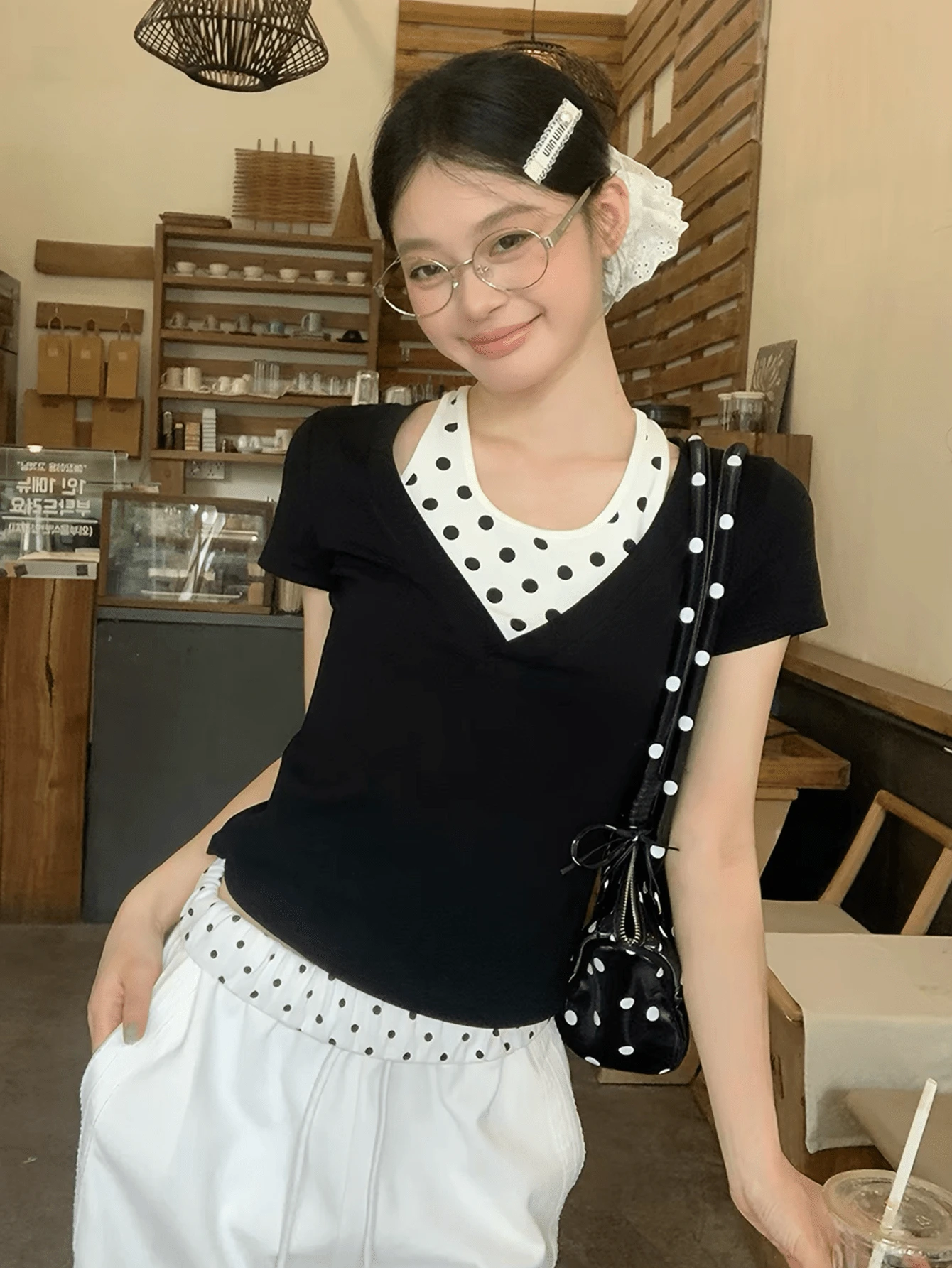 Black Regular Shoulder 2 In 1 Short Sleeve T-Shirt, Polka Dot Korean Stylish Design, Beautiful Top For Summer Casual - Black - View 1