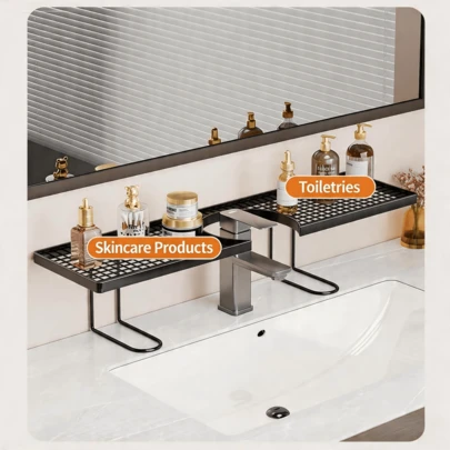 1 cái kệ gắn vòi không cần khoan, giá đựng đồ có thể mở rộng cho tủ lavabo phòng tắm, giá đựng đồ dùng vệ sinh cá nhân gắn vào vòi, chống thấm nước.
