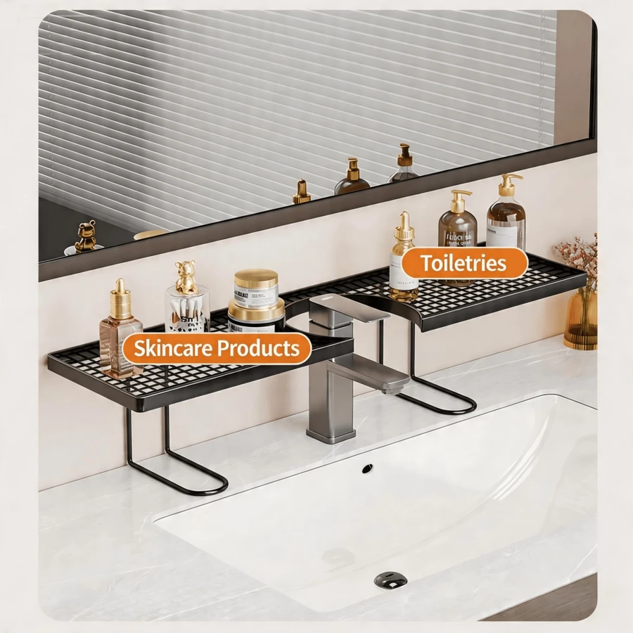 1 pieza Estante para grifo sin taladro, estante de almacenamiento expandible para tocador de baño, organizador de drenaje hueco para artículos de tocador, montado en el grifo, impermeable - Multicolor - Ver 1