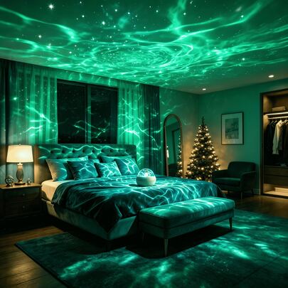 1个LED投影夜灯，水波星空投影灯，遥控器USB供电，动态氛围灯效，适用于卧室、成人房、家庭影院、家居装饰、露营、婚礼、节日派对等场合，可作为礼物赠送。