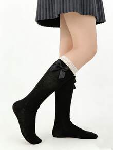 1/2 Pairs Spring New Arrival Sweet Versatile Lace Ruffle Bow Tie White Knee High Socks - Multicolor - View 2