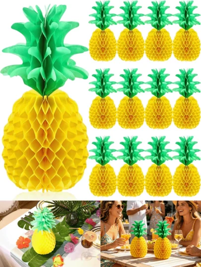 3pcs Pineapple Honeycomb Centerpieces Tissue Paper Pineapple Table Hanging Decorations For Tropical Luau Hawaiian Jungle Party Supplies Favor. Featuring A Large Yellow Pineapple With Green Leaves, This Hawaiian Party Centerpiece Is Suitable For Weddings, Birthdays, Luaus, And Pool Parties.