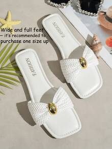 Women's Bow Metal Decor Straw Flat Sandals, Comfortable Minimalist Design For Vacation, Beach, Home, Daily Wear, Summer White Woven Open Toe Slippers - trắng - Xem 2