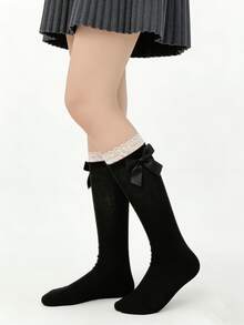 1/2 Pairs Spring New Arrival Sweet Versatile Lace Ruffle Bow Tie White Knee High Socks - Multicolor - View 9