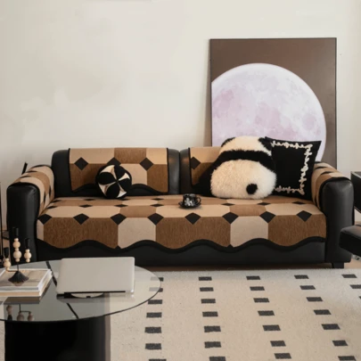 1 chiếc đệm sofa sang trọng hiện đại, viền lượn sóng, chất liệu jacquard họa tiết bàn cờ hình học, chống trầy xước do mèo, chống nhăn và chống trượt, bảo vệ sofa đa năng dùng được cả bốn mùa, khăn phủ sofa, bọc ghế sofa.