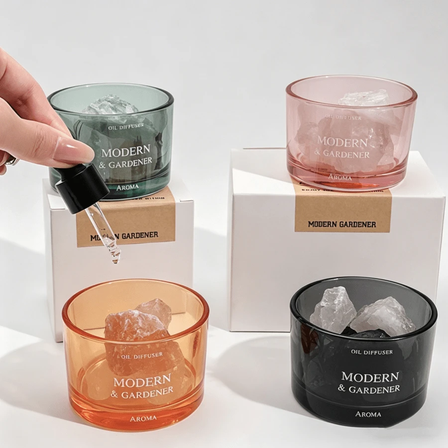 1 pieza Juego de difusor de aroma de jazmín, difusor de piedra de aceite esencial de lavanda/rosa, difusor de aceite esencial de jazmín, difusor de piedra de fragancia, juego de fragancias para el hogar, difusor para sala de estar/dormitorio/baño, purificador de aire, ayuda para dormir, base de vidrio, rosa/naranja/verde, incluye 3 botellas de aceites esenciales (jazmín/lavanda/rosa)