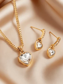 2pcs Set Niche Design Gold Base Big Heart Diamond + Star Hoop Earrings & Necklace Combo, Suitable For Party/Wedding - Gold - View 2