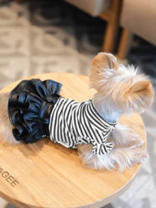 1pc Striped Top With Faux Leather Skirt, Comfortable Breathable Pet Dress, Fashionable For Yorkshire Terrier, Chihuahua, Miniature Dogs Daily And Party Wear, Cute Ruffle Pet Outfit - Multicolor - View 32