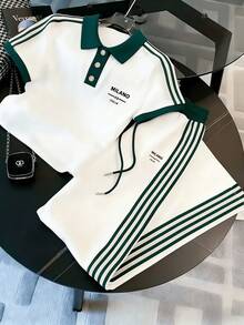 Two-Piece Set: Spring, Summer And Autumn Series. Suitable For Both Men And Women. This Includes Casual Sports Short-Sleeved Shirts And Long Pants. It Is Suitable For Various Occasions Such As Golf, Sports And Running. Summer Fall/Winter Contrast Binding Pocket Button Front Christmas - Dark Green - View 3