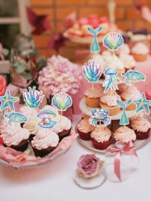 32pcs Mermaid Theme Birthday Party Decorations, Cupcake Toppers, Reusable Mermaid Tail Happy Birthday Cake Decorations, Baking Decor, Party Supplies - Multicolor - View 8
