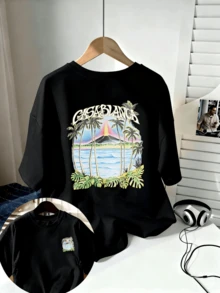 Sommerhafte Baumwoll-T-Shirts mit kurzer Manschette für Männer, gedruckt mit dem CASA-Vulkandruck Einfache und luxuriöse Jacke tägliche Kleidung Geschenke für Männer Geburtstagswahl - Schwarz - Übersicht 1