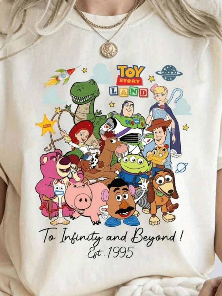Disney Toy Story "To Infinity And Beyond" Graphic T-Shirt - Woody, Buzz & Friends Space Adventure Design, 100% Cotton Crew Neck Tee For Family Matching, Parties & Travel, Shirt, Party Attire, Playful Design, Short Sleeve Shirt - 白色 - 查看 1