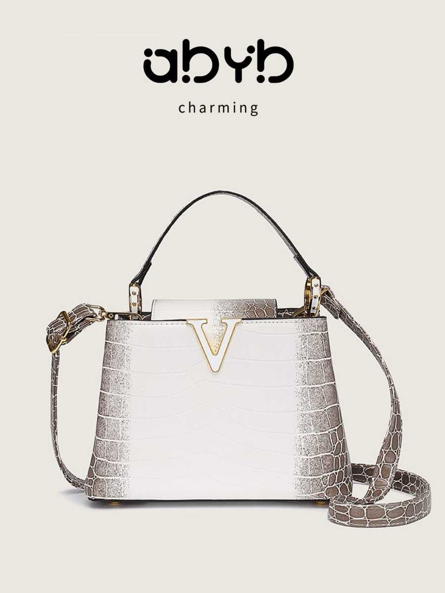 Luxury Crocodile Embossed Ombre Handbag, Adjustable Shoulder Strap Convertible Tote & Crossbody Bag - White - View 1