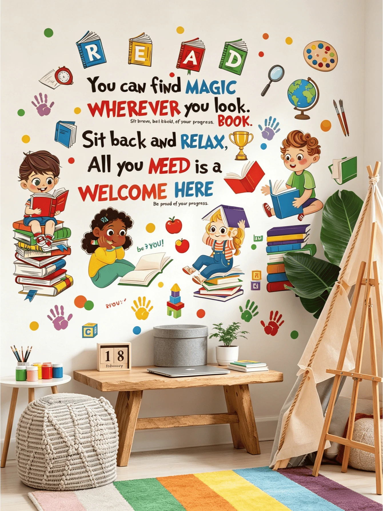 [5 Styles Available] Children's Reading Theme Wall Stickers - Cartoon Books / Hot Air Balloons / Inspirational Quotes, Self-Adhesive Waterproof Removable PVC Material For Children's Room, Reading Corner, Classroom Wall Decor - Wall Stickers - View 1