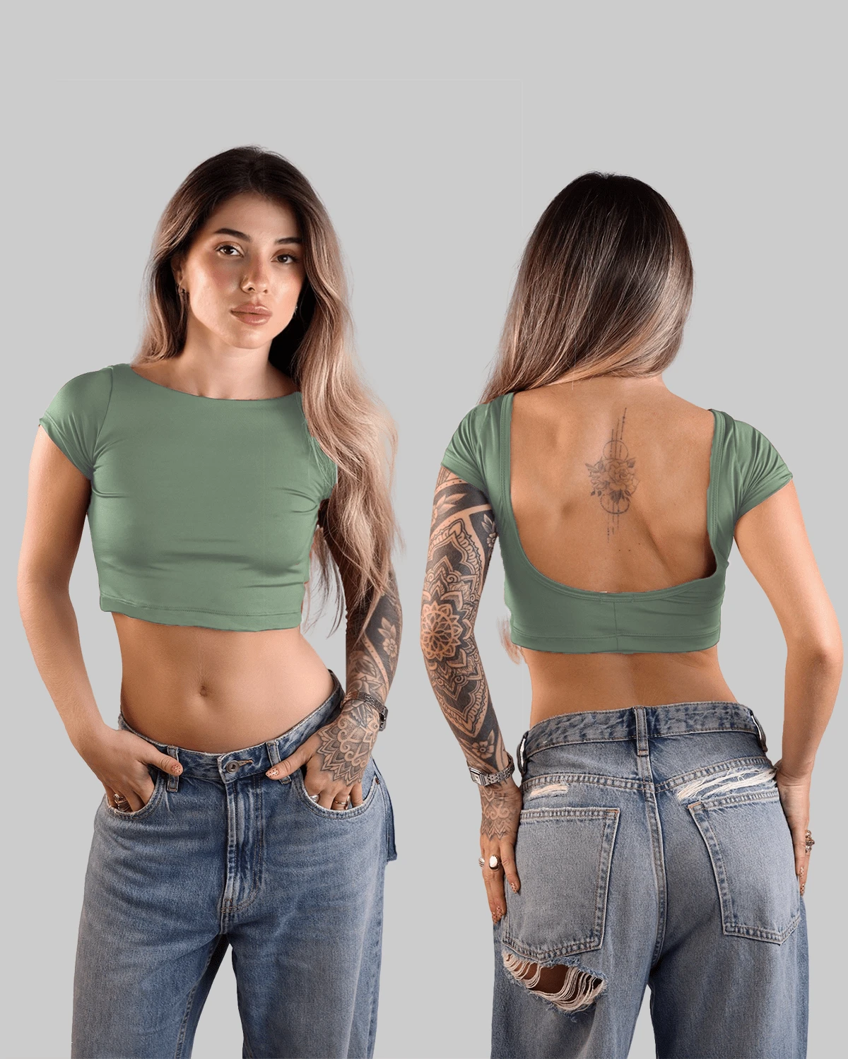 CROPPED OPEN BACK NECKLINE SHORT TIGHT TOP BASIC STYLE MINIMALIST CASUAL BABY TEE AITONA - VERDETES - View 1