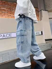 Straight Leg Casual Denim Jeans, Suitable For Toddlers, Street Style - Blue - View 4