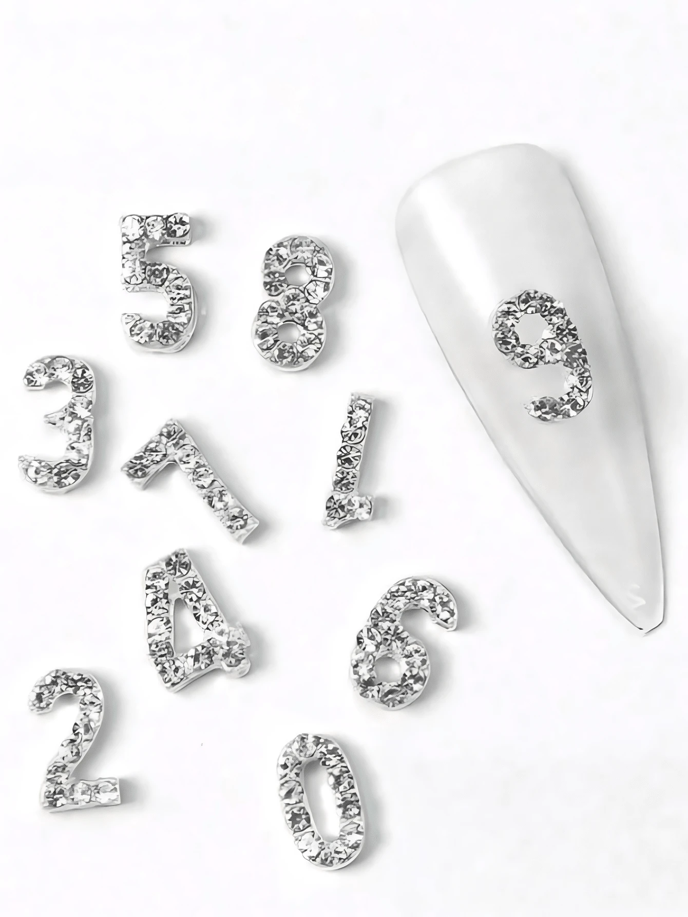 10个3D合金数字美甲装饰(0-9),闪亮银色水钻美甲贴纸,适合春夏,独特的DIY美甲宝石,适合女性和女孩的美甲用品 - 銀色 - 查看 1