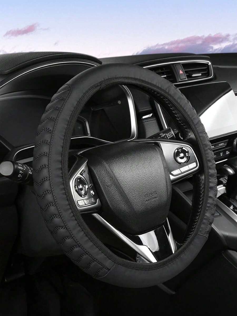 1 pieza Funda de volante de coche de cuero PU rojo y negro con diseño ondulado, funda protectora elástica, antideslizante y resistente al desgaste - Funda para volante con diseño de ondas - Ver 1