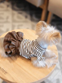 1pc Striped Top With Faux Leather Skirt, Comfortable Breathable Pet Dress, Fashionable For Yorkshire Terrier, Chihuahua, Miniature Dogs Daily And Party Wear, Cute Ruffle Pet Outfit - Multicolor - View 24
